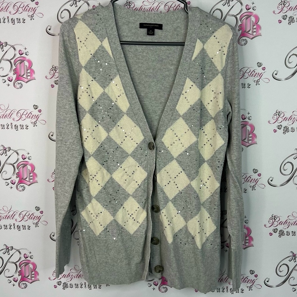 Banana Republic cardigan sparkly sequins embr Gray and Cream Argyle Cardigan